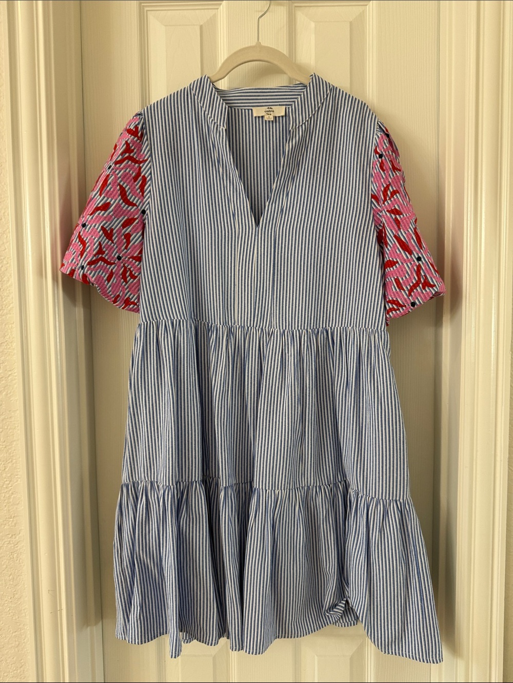 entro Blue-and-White Striped Tiered Dress with Pink Patterned Sleeves
